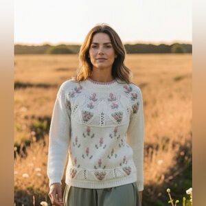 Vintage Cottage Chic Spring Floral Knit Sweater feminine 90s